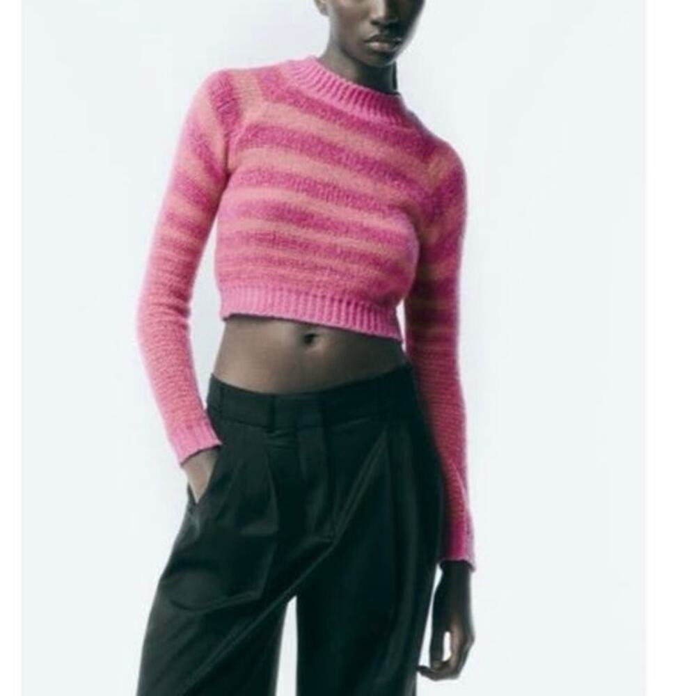 NWT Zara Pink Strip Crop Sweater size Small Y2K